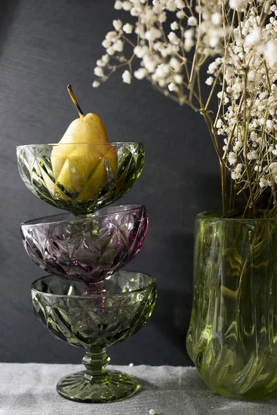 Three Vases Cream Dark Green Purple Glass Stand Top Each — Stock Photo, Image