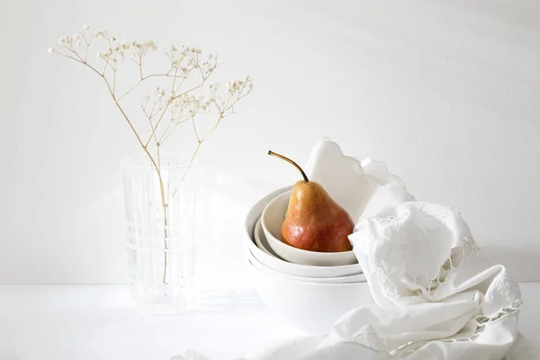 Still Life Yellow Red Pear Duchess Pile Bowls White Embroidered — Stock Photo, Image