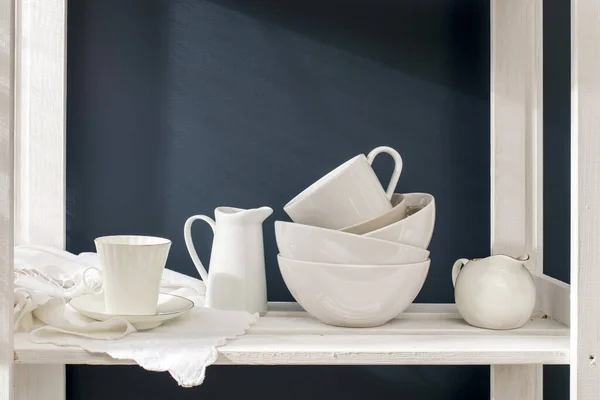 Set White Dishes Porcelain Milk Jug Coffee Cup Bowls White — стоковое фото