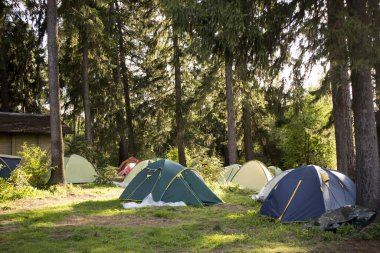 Maceralar Kamp Turizmi ve çadır manzarası manzarası çam ormanı manzarası altında Sabahları açık deniz ve gün batımında Rusya 'da yağmurlu bir günde gökyüzü