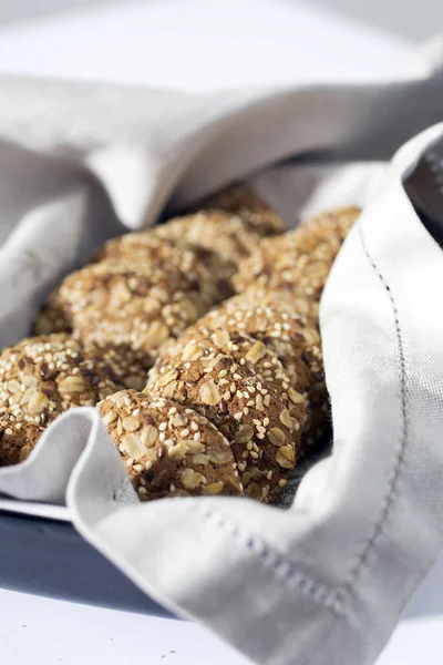 Oatmeal Cookies Sprinkled Sesame Seeds Almonds Beige Napkin Baking Dish — Stock Photo, Image
