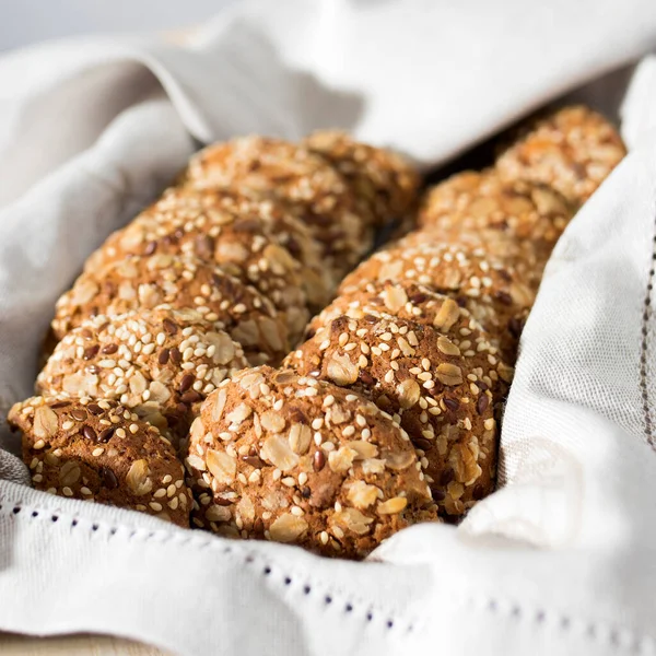 Oatmeal Cookies Sprinkled Sesame Seeds Almonds Beige Napkin Baking Dish — Stock Photo, Image