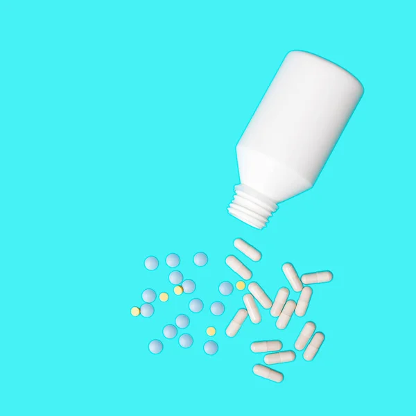 Botol Putih Dengan Pil Berwarna Warni Dengan Latar Belakang Biru — Stok Foto