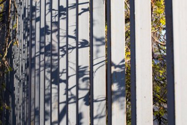 Ağaçların gölgesi olan gri demirli çit. Arkaplan