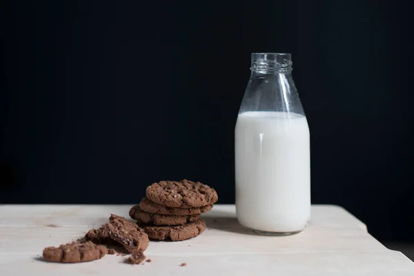 Bottle Milk Oatmeal Cookies Background Dark Blue Wall White Vintage — Stock Photo, Image