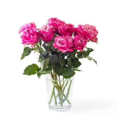 Beyaz arka planda cam vazoda kırmızı güller. Boşluğu kopyala