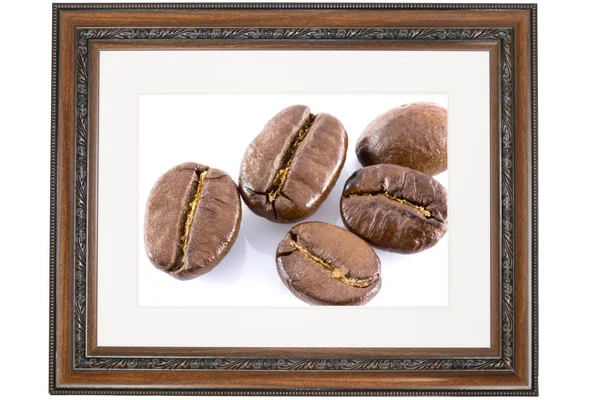 コーヒー豆とアンティークの木製フレーム — ストック写真