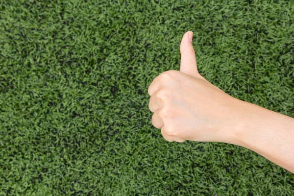 Girl Thumbs Background Lawn — Stock Photo, Image