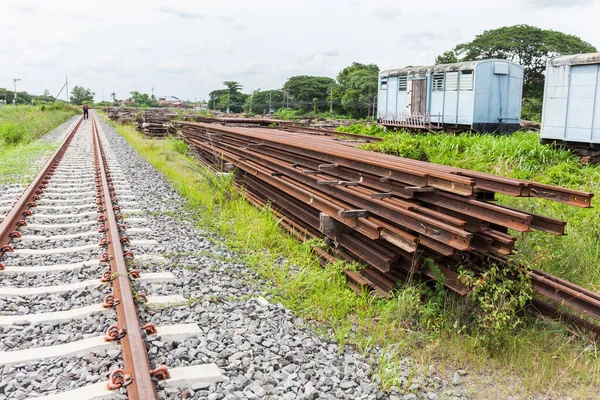 Overview Railroad Track Piles Cross Ties Lying Sides — Stock Photo, Image