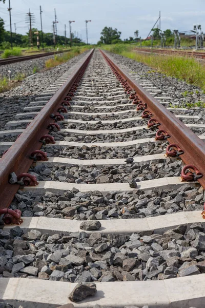 Railway Railroad Train Tracks Green Pasture — Stock Photo, Image