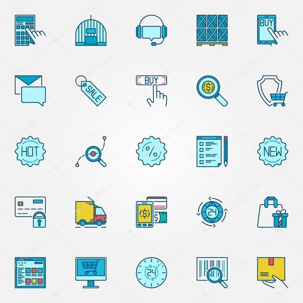 Ecommerce and shopping icons. Vector colorful e-commerce and online sales symbols or signs