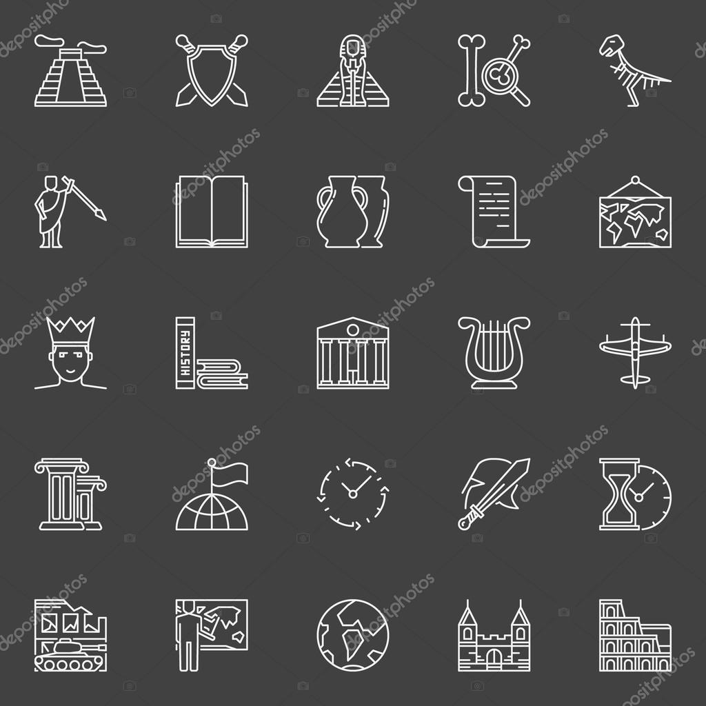 History linear icons. Vector set of outline ancient times symbols or pictograms on dark background