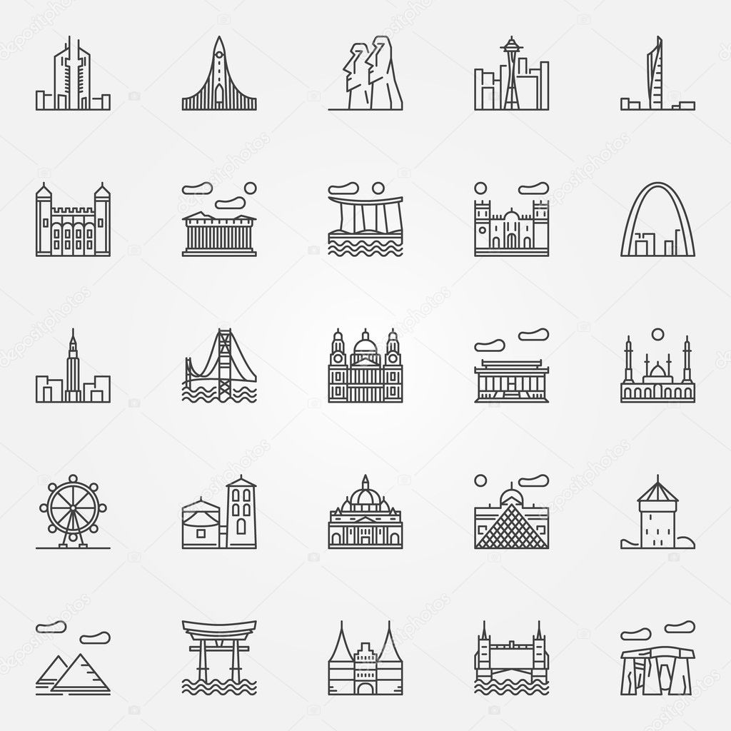 Travel landmarks icons set