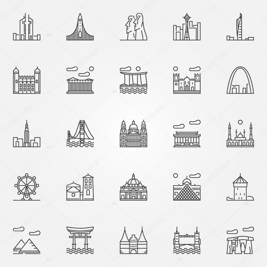 Travel landmarks icons set