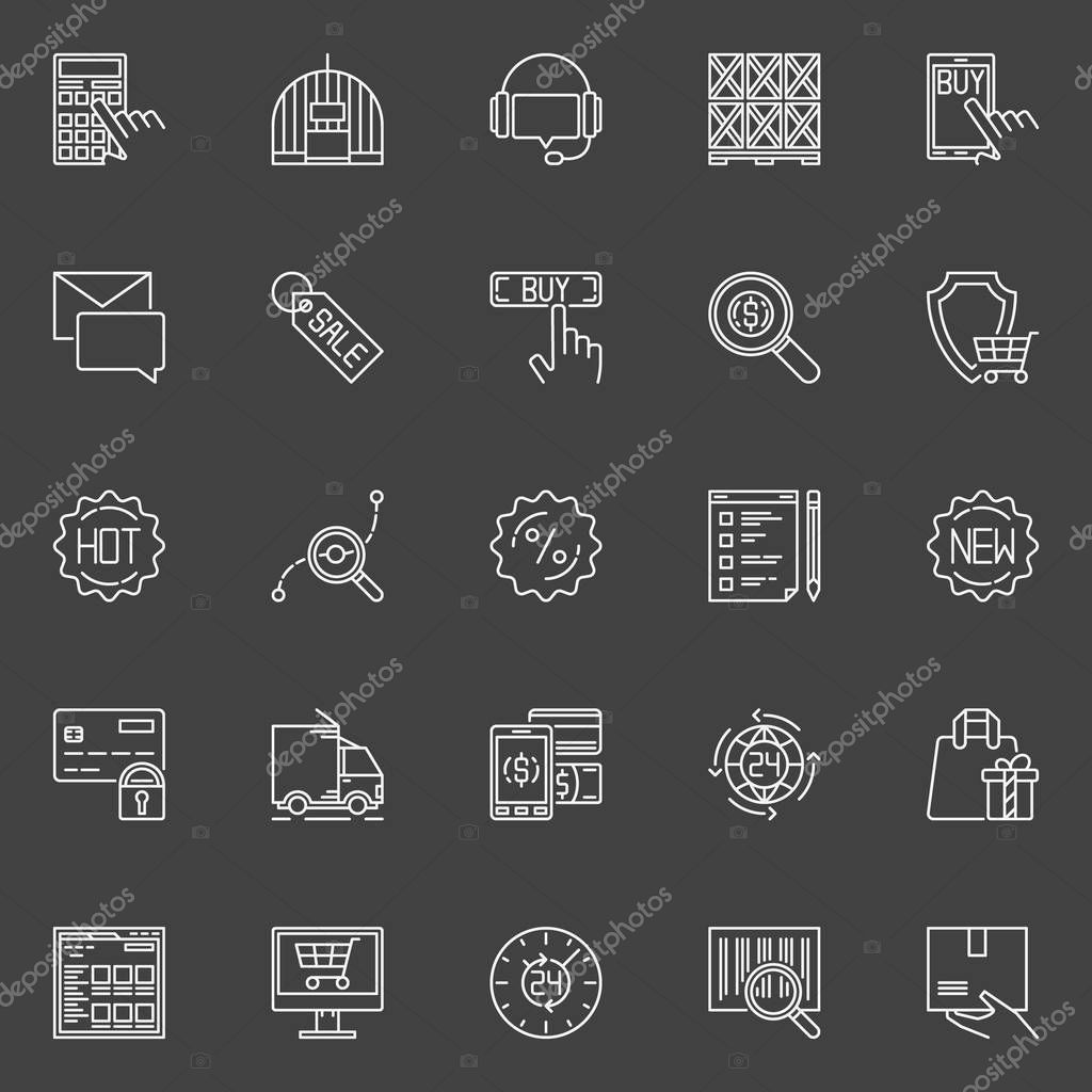 E-commerce vector icons. Thin line internet shopping signs. Online sales and shop symbols on dark background