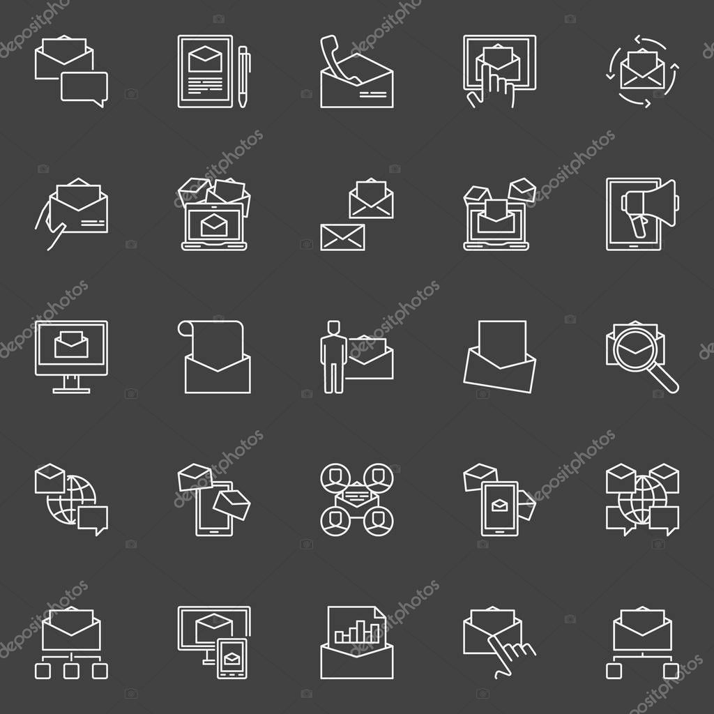 Email Marketing icons set. Vector email sending outline signs. E-mail newsletters creative symbols or logo elements on dark background