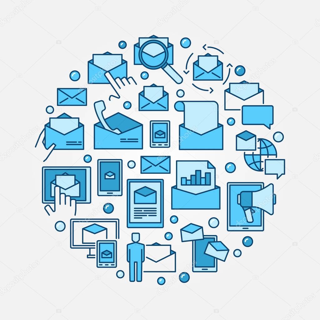 Email marketing blue illustraion. Vector round digital marketing colorful symbol