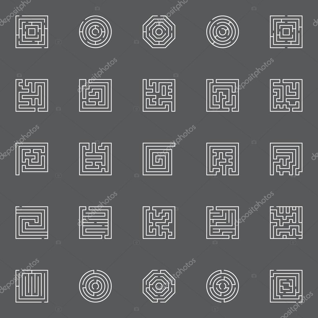 Maze line icons. Vector collection of abstract labyrinth outline signs or symbols on dark background