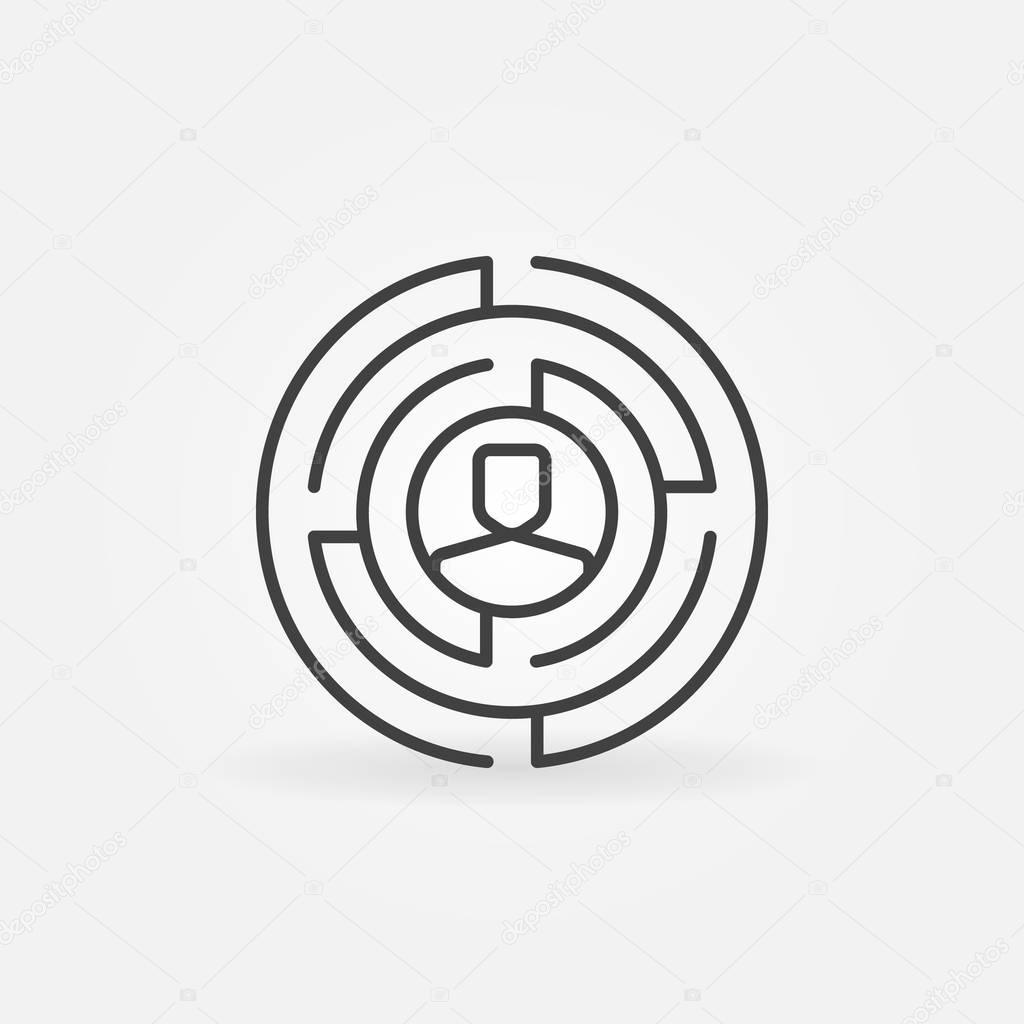 Round labyrinth outline icon. Vector maze with human face inside thin line sign or logo element