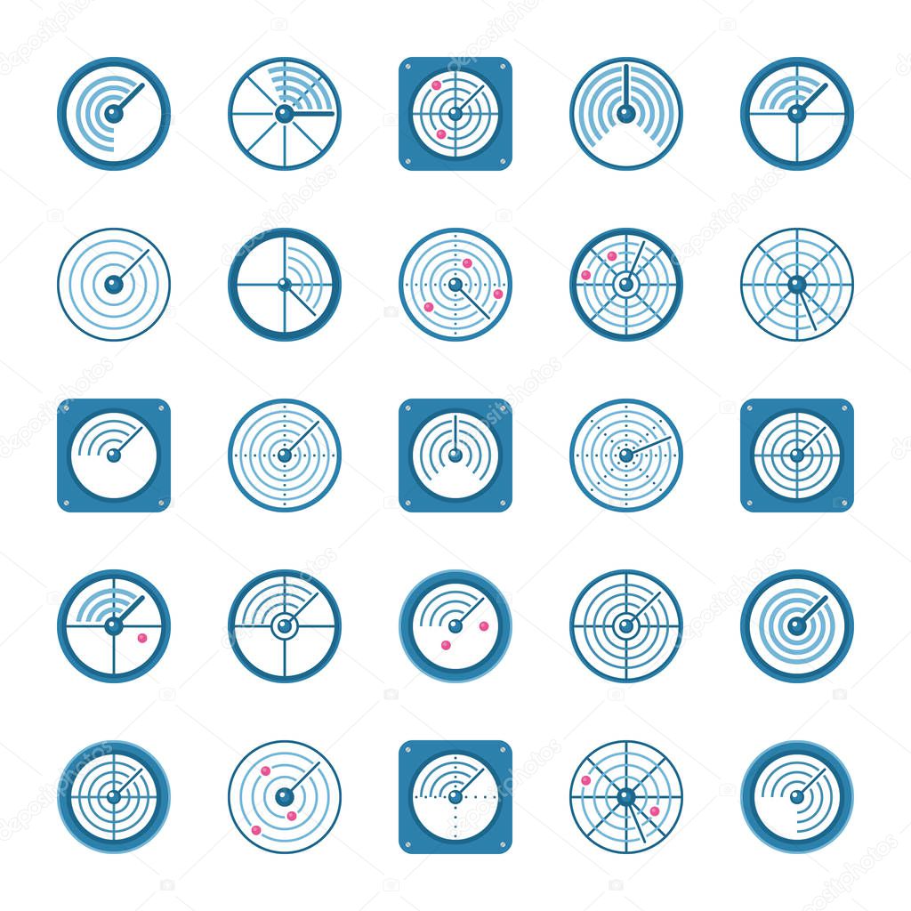 Radar flat icons set. Vector colorful radio location symbols or logo elements