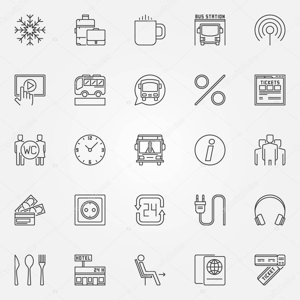 Bus icons set - vector onboard facilities and tourist coach bus symbols or logo elements in thin line style