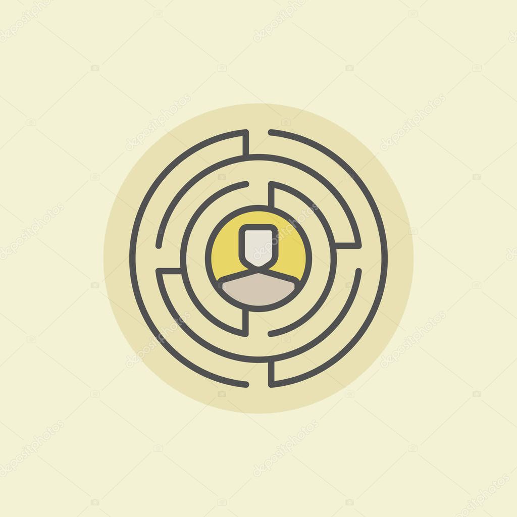 Labyrinth with man icon. Vector round maze creative colorful sign with human head inside