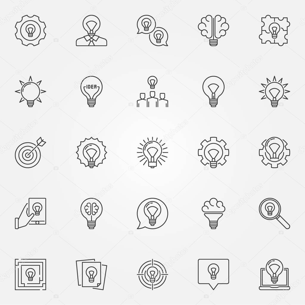 Idea icons set. Vector creative light bulb signs in thin line style. Ideas concept linear symbols