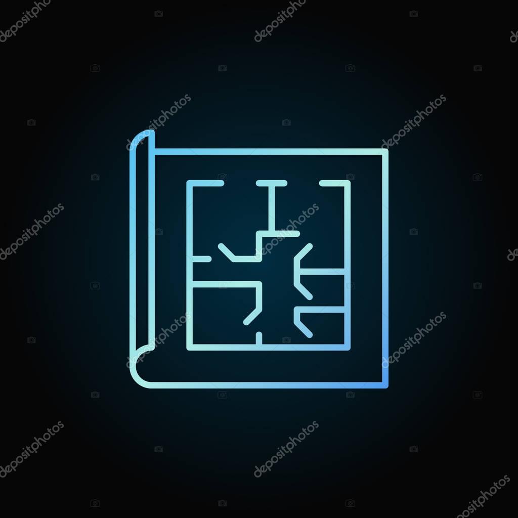Floor plan blue icon. Vector bright colored home or apartment project concept sign in outline style on dark background