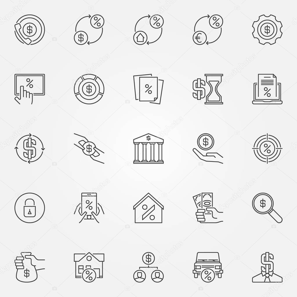 Leasing and loan icons set. Vector collection of banking and financial symbols or design elements in thin line style