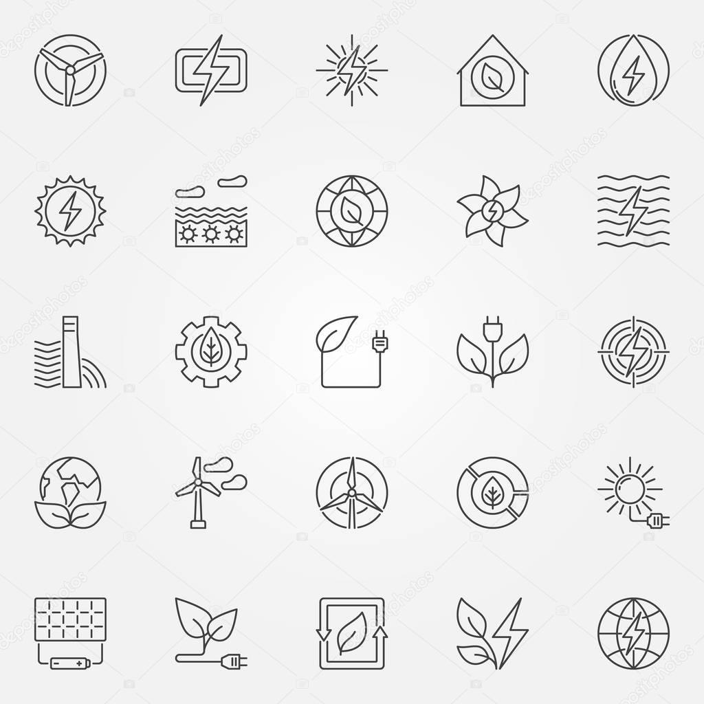 Green energy icons set. Vector collection of renewable energy and power concept signs in thin line style
