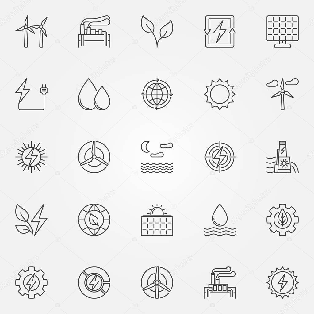 Renewable energy icons set - vector green energy concept symbols or design elements in thin line style