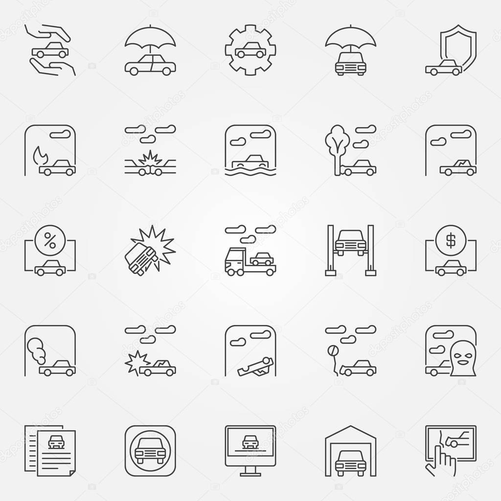 Car insurance icons set - vector auto insurance outline concept symbols. Different car accidents signs in thin line style