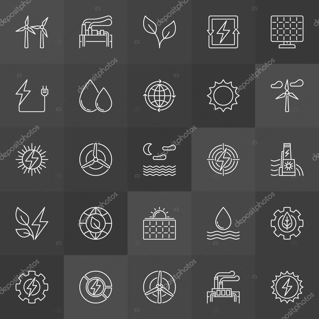 Renewable energy resources icons. Vector collection of wind, solar, hydro, green energy outline signs on dark background