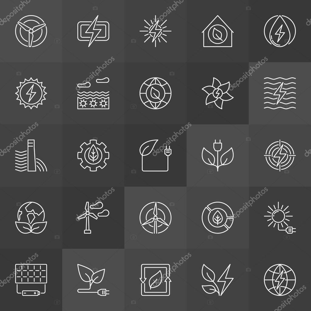 Green eco energy icons - vector set of wind, solar, hydro, bio energy and power outline signs on dark background