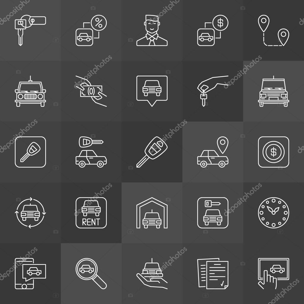 Car rental icons collection - vector rent a car outline symbols on dark background