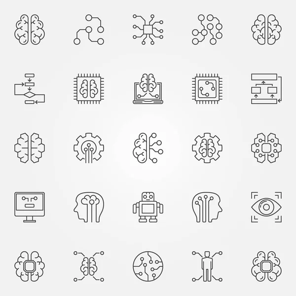 Iconos de inteligencia artificial listos. Robot vectorial, cerebro y otros Ilustraciones de stock libres de derechos