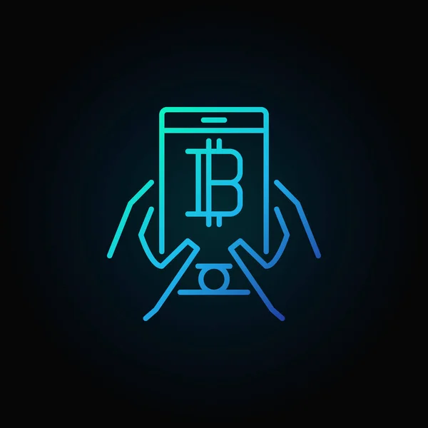 Smartphone con bitcoin en las manos icono lineal concepto azul — Vector de stock