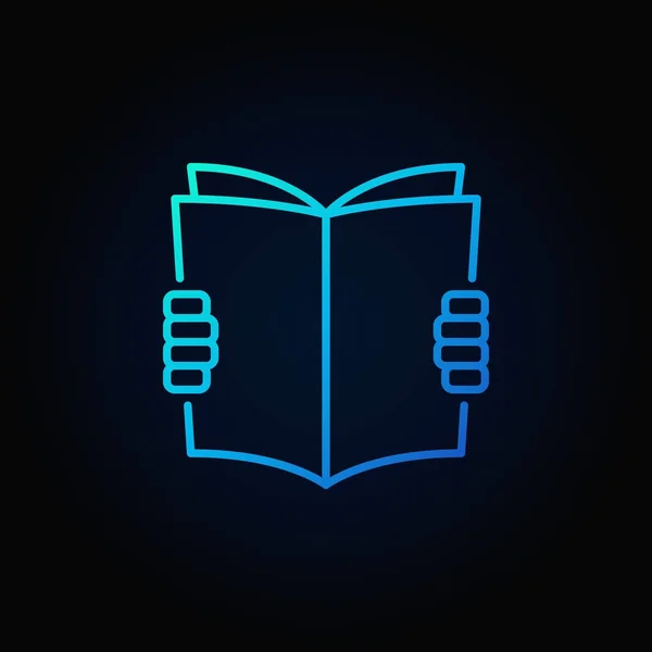 Manos sosteniendo libro icono azul — Vector de stock