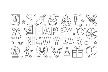 Mutlu yeni yıl vektör yatay başlığında ince çizgi stili