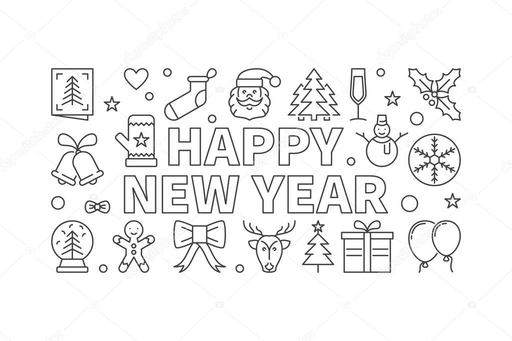 Happy New Year vector horizontal banner in thin line style