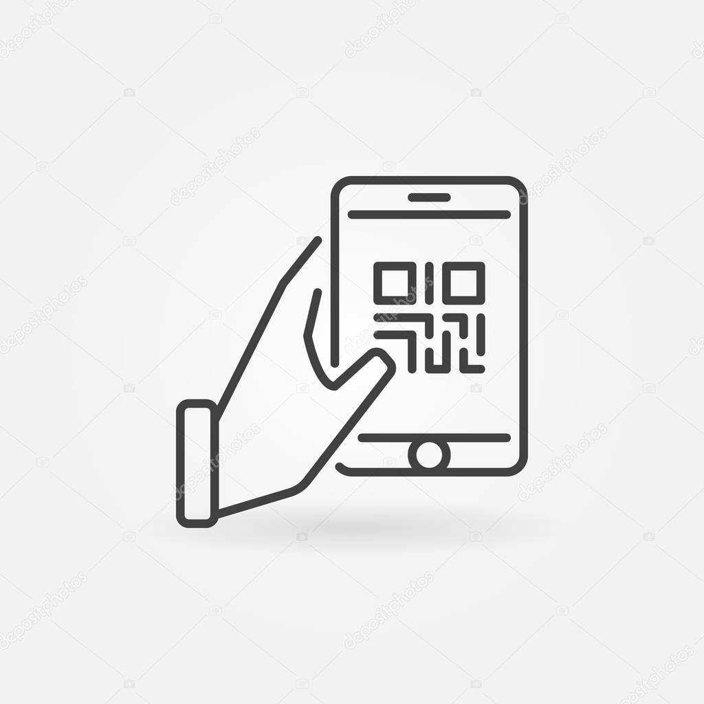 Hand holding smartphone with QR code vector icon