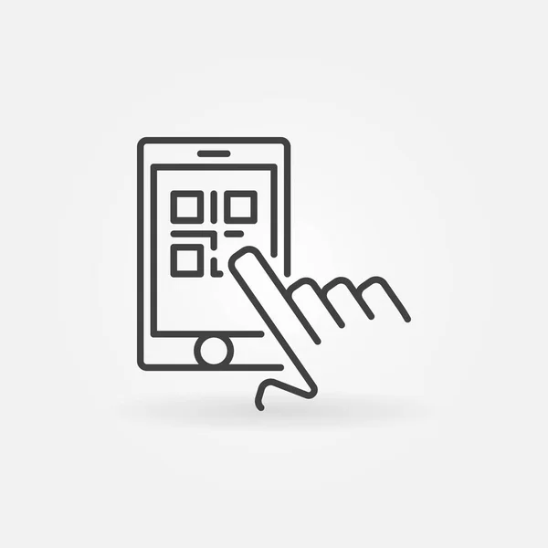 Vinger aanraken van de Qr-code in smartphone vector lijn pictogram — Stockvector