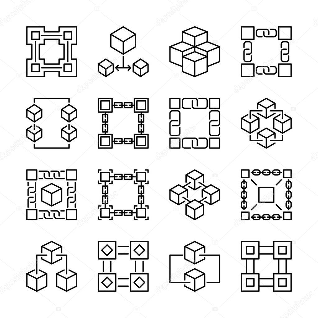 Block chain icons. Collection of 16 vector blockchain signs