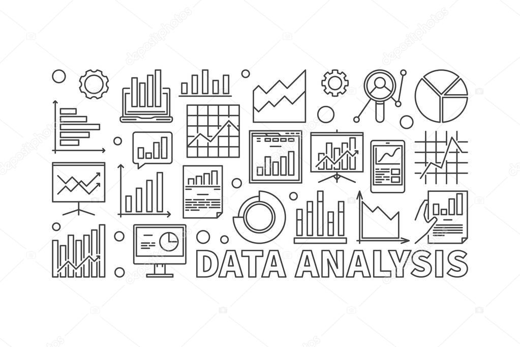 Data analysis line banner. Vector financial business analysis outline illustration on white background