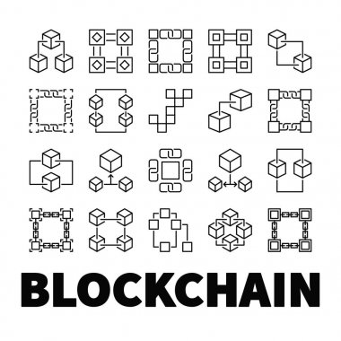 Blockchain vector icons. Set of 20 block chain concept symbols clipart