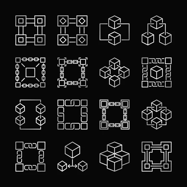 Block chain silver icons. Vector set of blockchain linear signs — Stock Vector