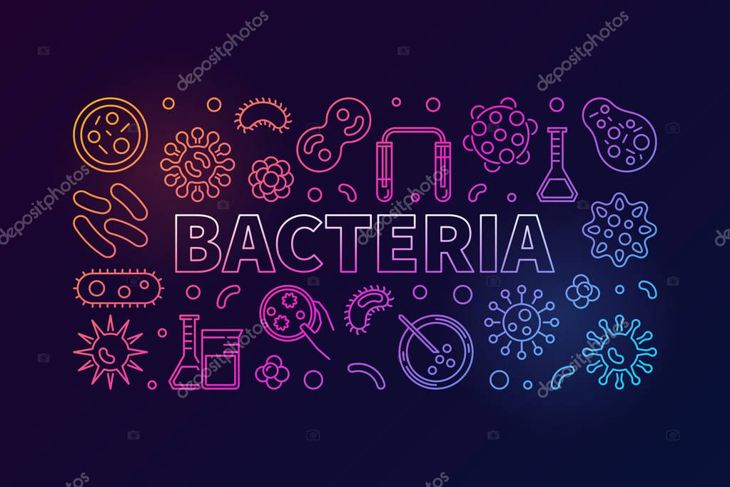 Bacteria horizontal colored illustration. Vector concept banner made with viruses and bacterias linear icons on dark background