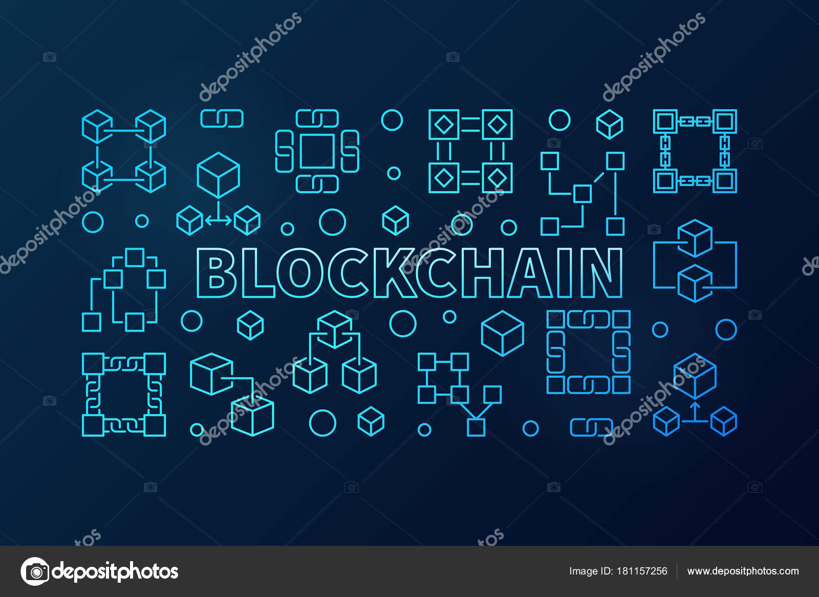 Blockchain blue vector illustration or banner in thin line style Stock ...