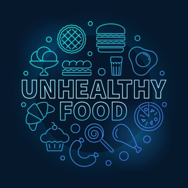 Sağlıksız yiyecek yuvarlak mavi illüstrasyon. Vektör simgesi