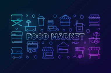 Renkli gıda pazarı yatay çizgi afiş. Vektör çizim